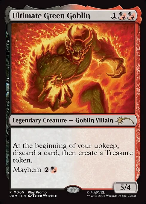 Ultimate Green Goblin, carta Magic di tipo Legendary Creature — Goblin Villain illustrata da Tyler Walpole