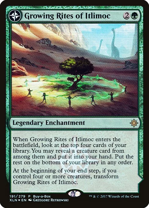 Growing Rites of Itlimoc // Itlimoc, Cradle of the Sun, carta Magic di tipo Legendary Enchantment // Legendary Land illustrata da Grzegorz Rutkowski & Jared Blando