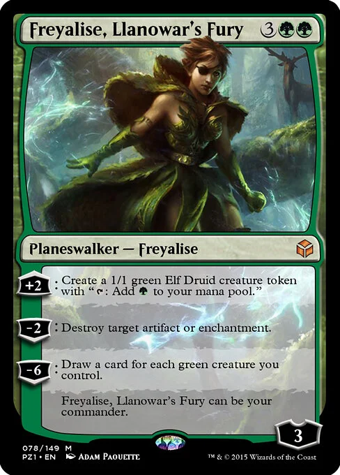 Freyalise, Llanowar's Fury, carta Magic di tipo Legendary Planeswalker — Freyalise illustrata da Adam Paquette