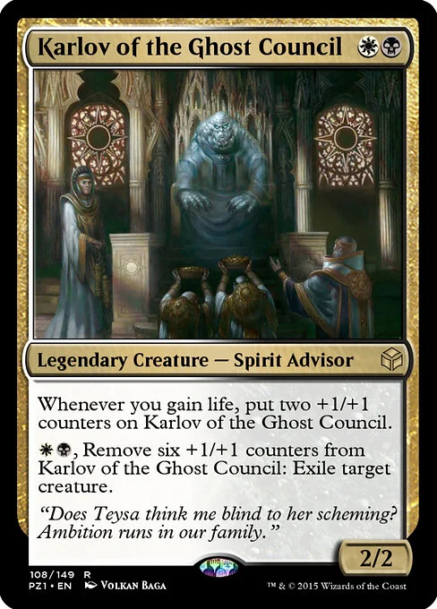 Karlov of the Ghost Council, carta Magic di tipo Legendary Creature — Spirit Advisor illustrata da Volkan Baǵa