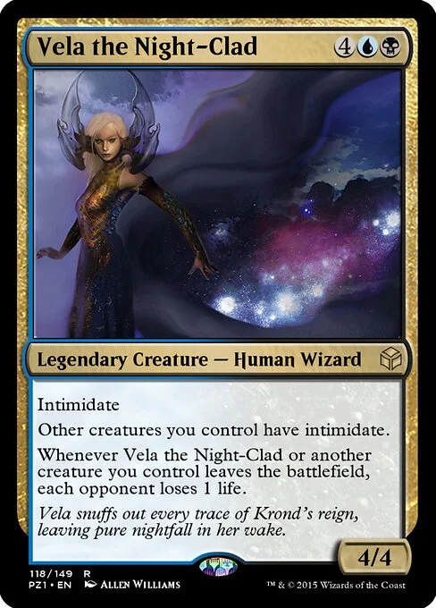 Vela the Night-Clad, carta Magic di tipo Legendary Creature — Human Wizard illustrata da Allen Williams