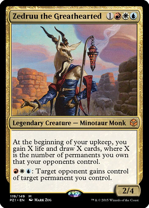 Zedruu the Greathearted, carta Magic di tipo Legendary Creature — Minotaur Monk illustrata da Mark Zug