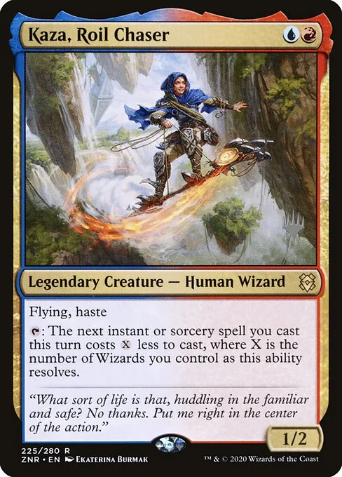 Kaza, Roil Chaser, carta Magic di tipo Legendary Creature — Human Wizard illustrata da Ekaterina Burmak