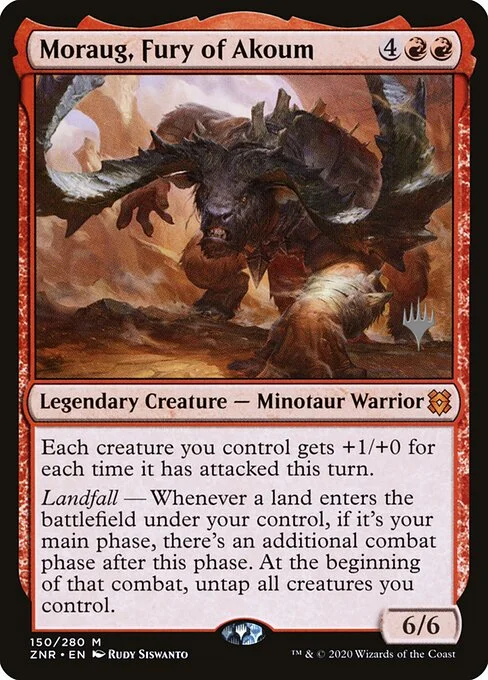 Moraug, Fury of Akoum, carta Magic di tipo Legendary Creature — Minotaur Warrior illustrata da Rudy Siswanto