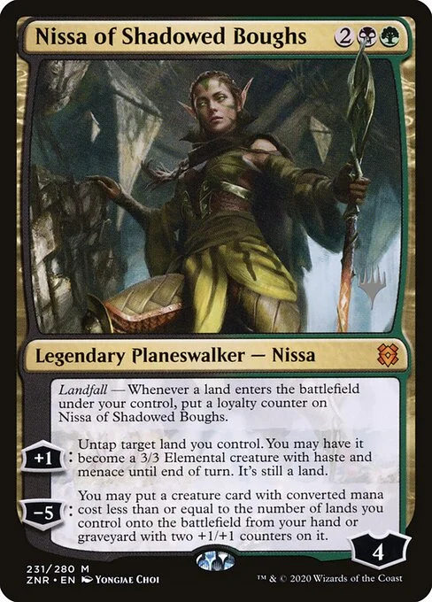 Nissa of Shadowed Boughs, carta Magic di tipo Legendary Planeswalker — Nissa illustrata da Yongjae Choi