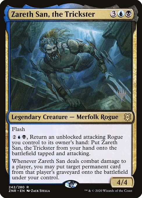 Zareth San, the Trickster, carta Magic di tipo Legendary Creature — Merfolk Rogue illustrata da Zack Stella