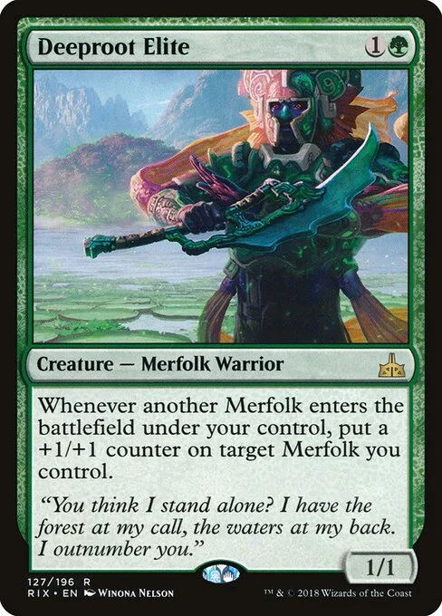Deeproot Elite, carta Magic di tipo Creature — Merfolk Warrior illustrata da Winona Nelson