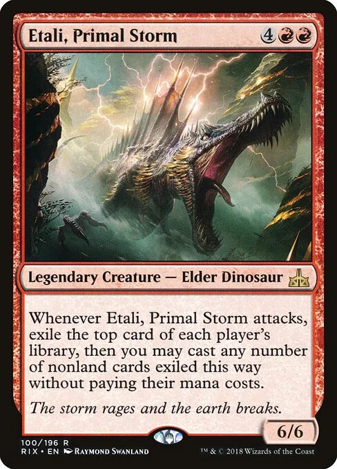 Etali, Primal Storm, carta Magic di tipo Legendary Creature — Elder Dinosaur illustrata da Raymond Swanland