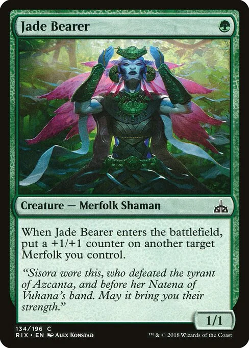 Jade Bearer, carta Magic di tipo Creature — Merfolk Shaman illustrata da Alex Konstad