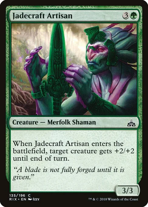 Jadecraft Artisan, carta Magic di tipo Creature — Merfolk Shaman illustrata da Izzy