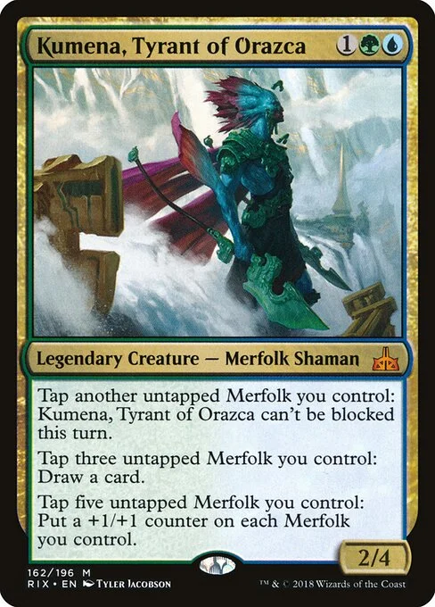 Kumena, Tyrant of Orazca, carta Magic di tipo Legendary Creature — Merfolk Shaman illustrata da Tyler Jacobson