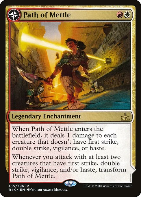 Path of Mettle // Metzali, Tower of Triumph, carta Magic di tipo Legendary Enchantment // Legendary Land illustrata da Victor Adame Minguez