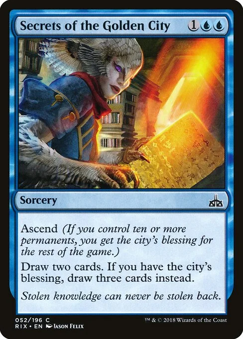 Secrets of the Golden City, carta Magic di tipo Sorcery illustrata da Jason Felix