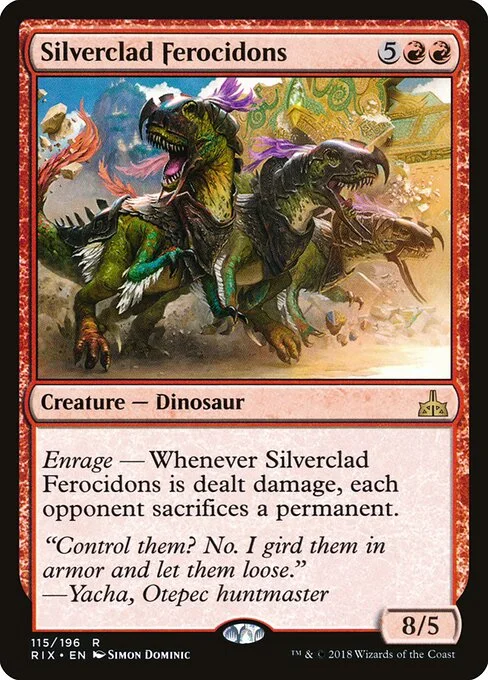 Silverclad Ferocidons, carta Magic di tipo Creature — Dinosaur illustrata da Simon Dominic