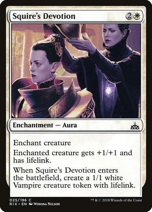 Squire's Devotion, carta Magic di tipo Enchantment — Aura illustrata da Winona Nelson