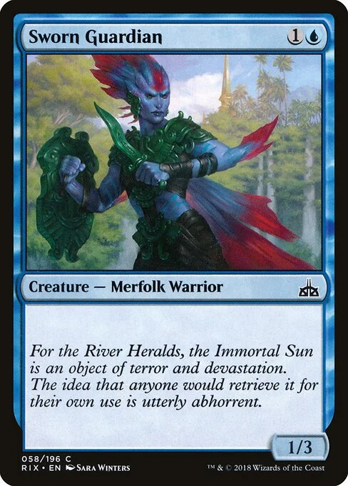 Sworn Guardian, carta Magic di tipo Creature — Merfolk Warrior illustrata da Sara Winters