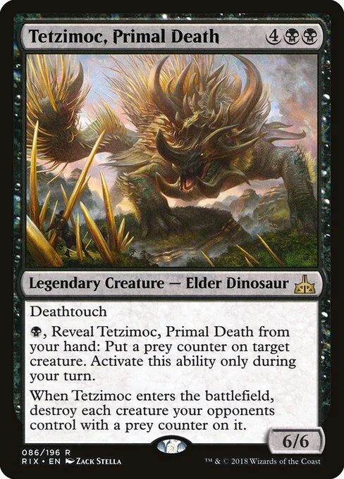 Tetzimoc, Primal Death, carta Magic di tipo Legendary Creature — Elder Dinosaur illustrata da Zack Stella