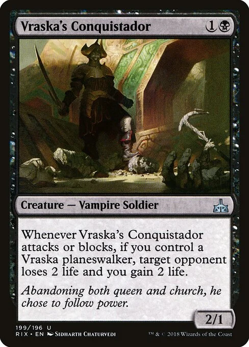 Vraska's Conquistador, carta Magic di tipo Creature — Vampire Soldier illustrata da Sidharth Chaturvedi