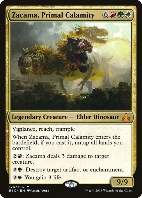 Zacama, Primal Calamity, carta Magic di tipo Legendary Creature — Elder Dinosaur illustrata da Jaime Jones