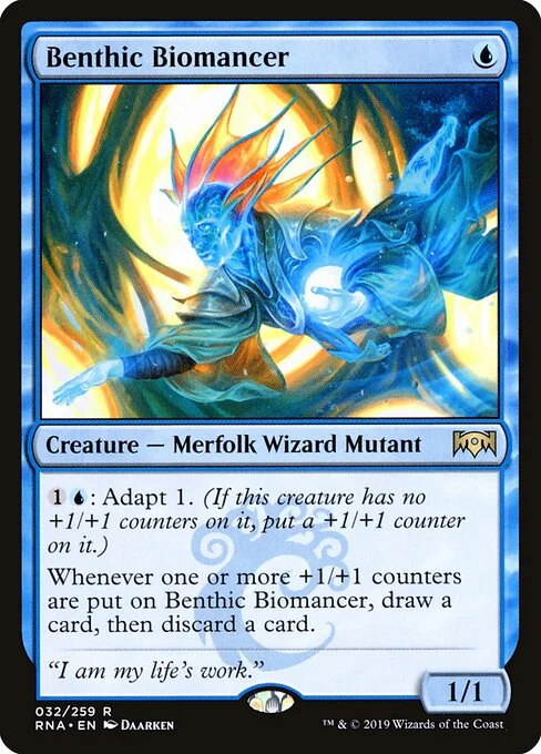 Benthic Biomancer, carta Magic di tipo Creature — Merfolk Wizard Mutant illustrata da Daarken