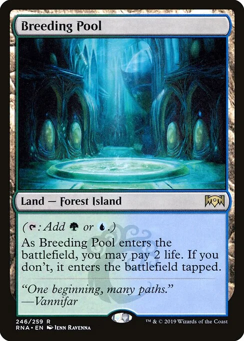 Breeding Pool, carta Magic di tipo Land — Forest Island illustrata da Ravenna Tran
