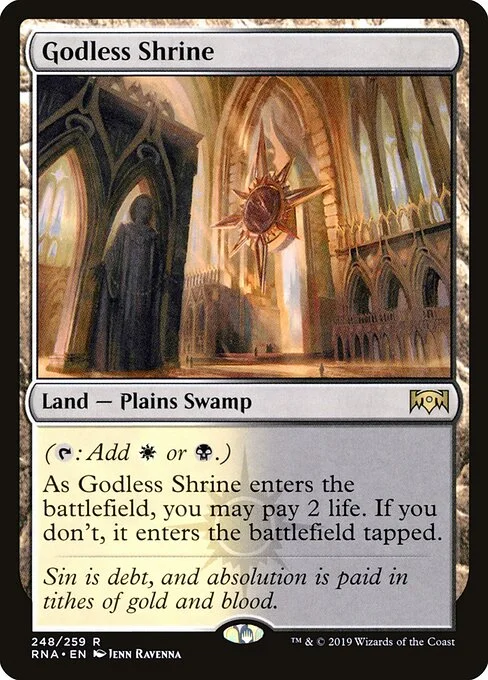 Godless Shrine, carta Magic di tipo Land — Plains Swamp illustrata da Ravenna Tran