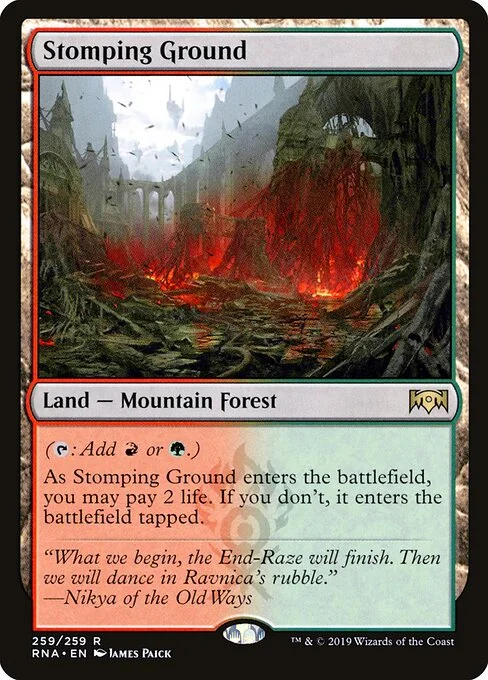 Stomping Ground, carta Magic di tipo Land — Mountain Forest illustrata da James Paick