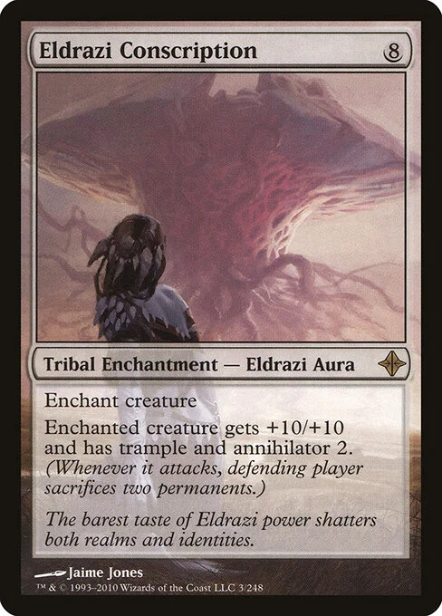 Eldrazi Conscription, carta Magic di tipo Kindred Enchantment — Eldrazi Aura illustrata da Jaime Jones