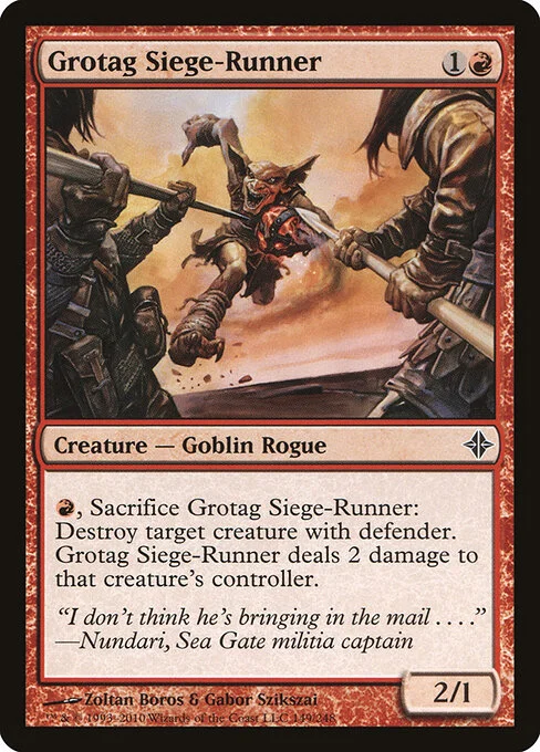 Grotag Siege-Runner, carta Magic di tipo Creature — Goblin Rogue illustrata da Zoltan Boros & Gabor Szikszai