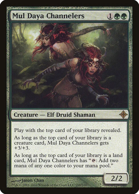 Mul Daya Channelers, carta Magic di tipo Creature — Elf Druid Shaman illustrata da Jason Chan