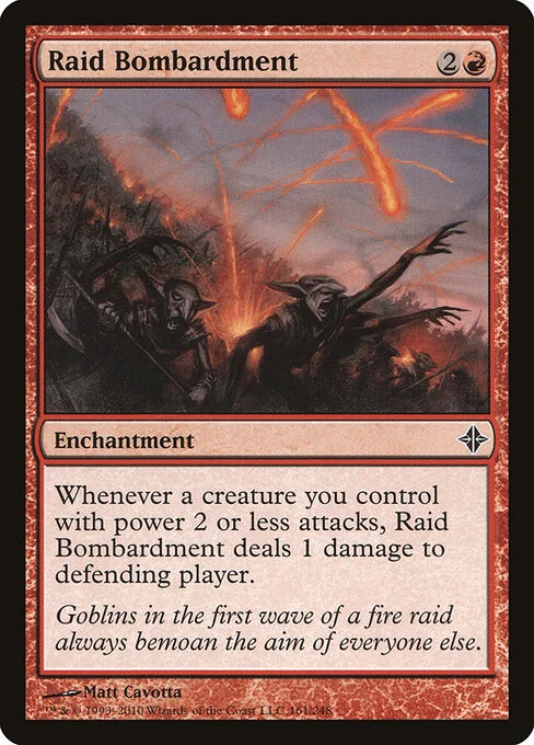 Raid Bombardment, carta Magic di tipo Enchantment illustrata da Matt Cavotta