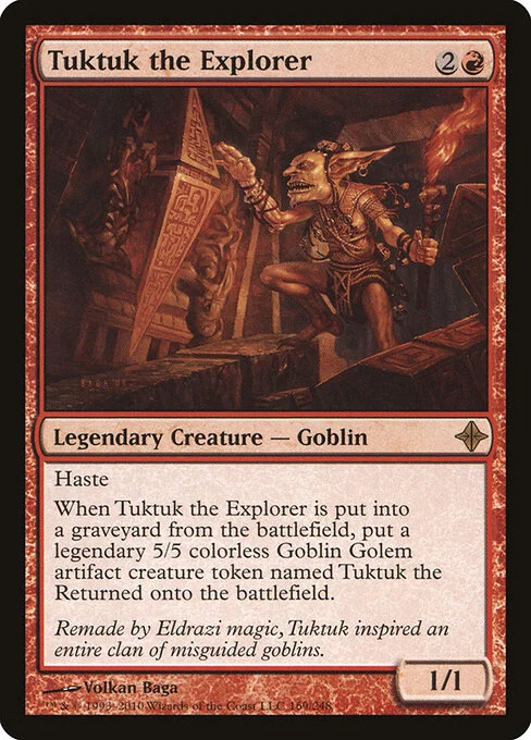 Tuktuk the Explorer, carta Magic di tipo Legendary Creature — Goblin illustrata da Volkan Baǵa