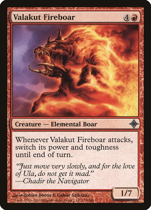 Valakut Fireboar, carta Magic di tipo Creature — Elemental Boar illustrata da Zoltan Boros & Gabor Szikszai