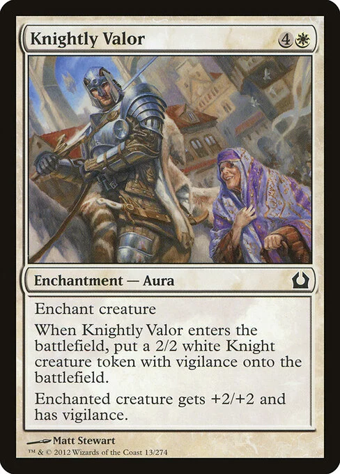 Knightly Valor, carta Magic di tipo Enchantment — Aura illustrata da Matt Stewart