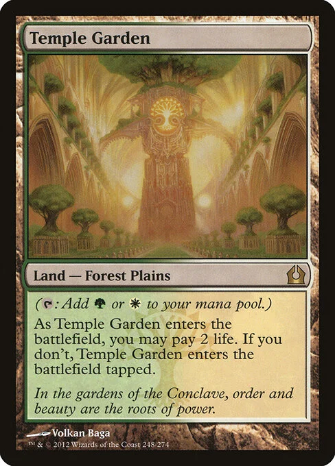 Temple Garden, carta Magic di tipo Land — Forest Plains illustrata da Volkan Baǵa