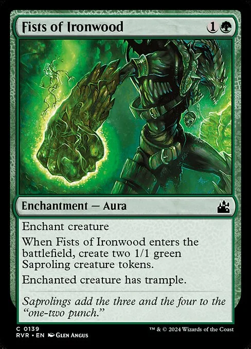 Fists of Ironwood, carta Magic di tipo Enchantment — Aura illustrata da Glen Angus