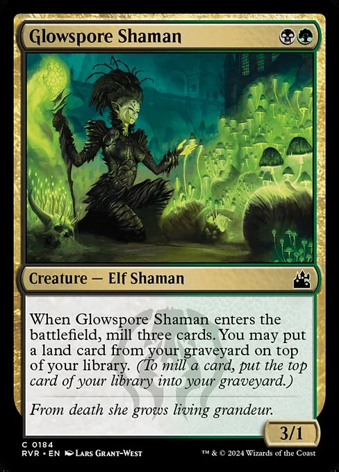 Glowspore Shaman, carta Magic di tipo Creature — Elf Shaman illustrata da Lars Grant-West