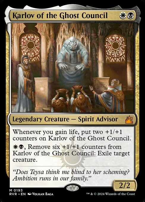 Karlov of the Ghost Council, carta Magic di tipo Legendary Creature — Spirit Advisor illustrata da Volkan Baǵa
