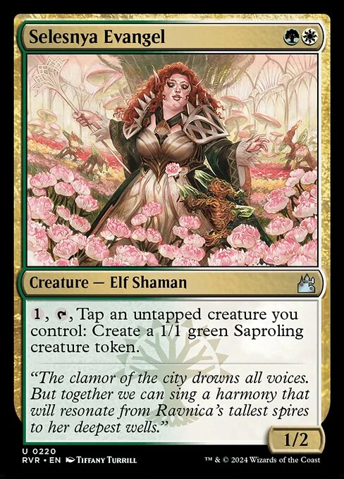 Selesnya Evangel, carta Magic di tipo Creature — Elf Shaman illustrata da Tiffany Turrill