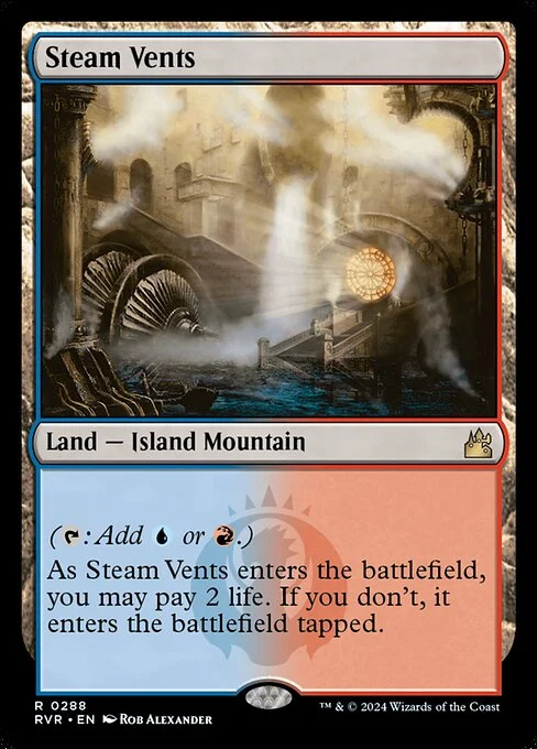 Steam Vents, carta Magic di tipo Land — Island Mountain illustrata da Rob Alexander