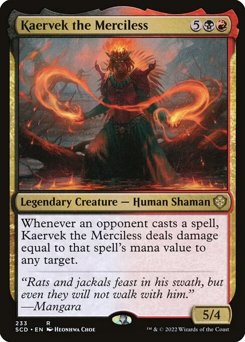 Kaervek the Merciless, carta Magic di tipo Legendary Creature — Human Shaman illustrata da Heonhwa