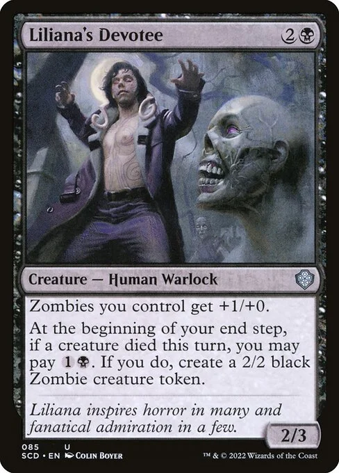Liliana's Devotee, carta Magic di tipo Creature — Human Warlock illustrata da Colin Boyer