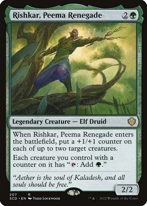 Rishkar, Peema Renegade, carta Magic di tipo Legendary Creature — Elf Druid illustrata da Todd Lockwood