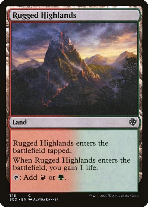 Rugged Highlands, carta Magic di tipo Land illustrata da Alayna Danner