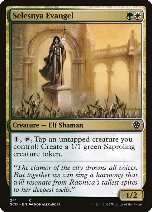 Selesnya Evangel, carta Magic di tipo Creature — Elf Shaman illustrata da Rob Alexander