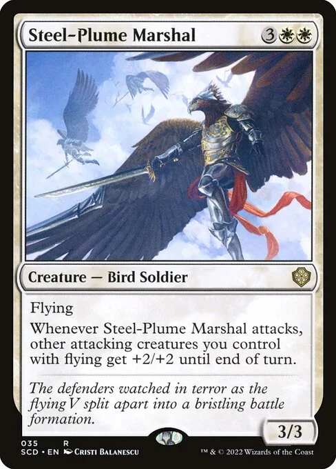 Steel-Plume Marshal, carta Magic di tipo Creature — Bird Soldier illustrata da Cristi Balanescu