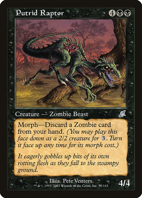 Putrid Raptor, carta Magic di tipo Creature — Zombie Dinosaur Beast illustrata da Pete Venters