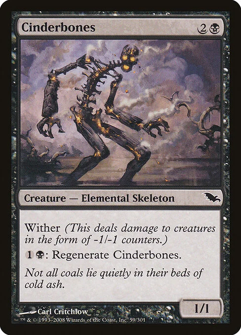 Cinderbones, carta Magic di tipo Creature — Elemental Skeleton illustrata da Carl Critchlow