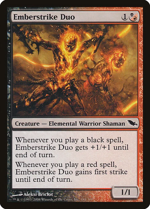 Emberstrike Duo, carta Magic di tipo Creature — Elemental Warrior Shaman illustrata da Aleksi Briclot