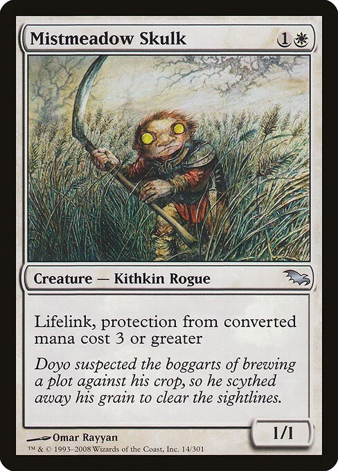 Mistmeadow Skulk, carta Magic di tipo Creature — Kithkin Rogue illustrata da Omar Rayyan